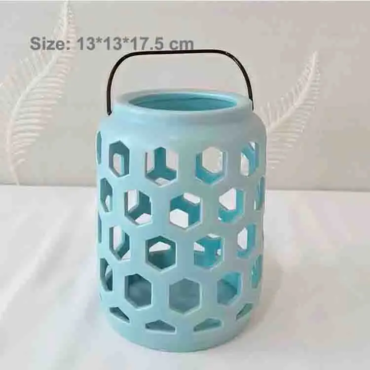 Modern Light Blue Hexagonal Ceramic Lantern - View 2