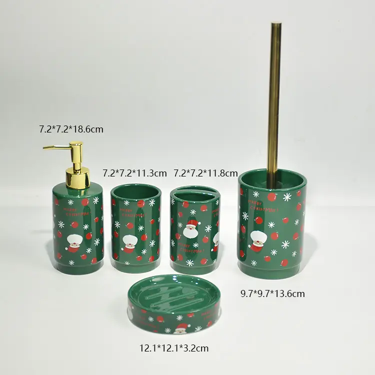 Christmas Green Base Santa & Snowflake Ceramic Bathroom 5-Piece Set