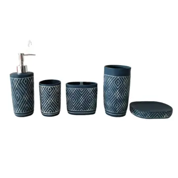 Luxury Dark Blue Geometric Pattern Stoneware Bathroom Accessory Set