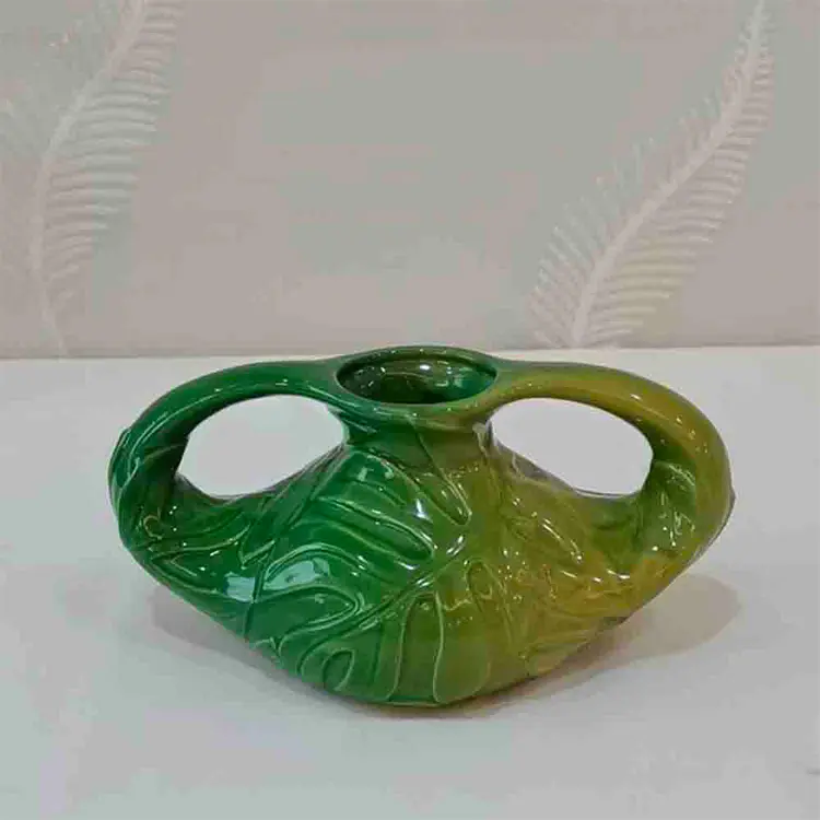 Wholesale Dual - Handled Tropical Leaf - Embossed Gradient Green Ceramic Vase | Artistic Home Decor Companies, Product