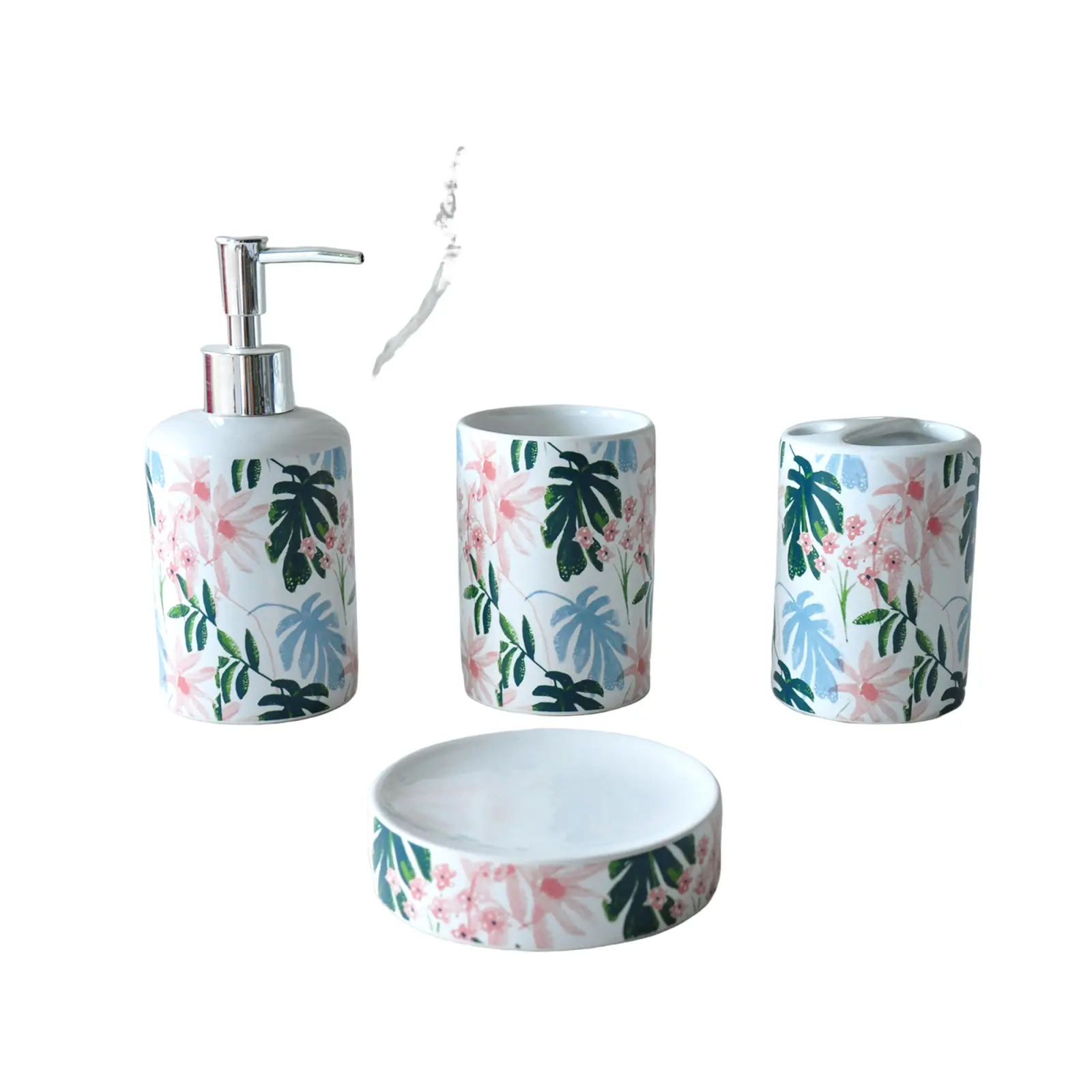 China Fresh Tropical Plant-Printed Dolomite Ceramic Bathroom Accessory Set Manufacturer, Exporter