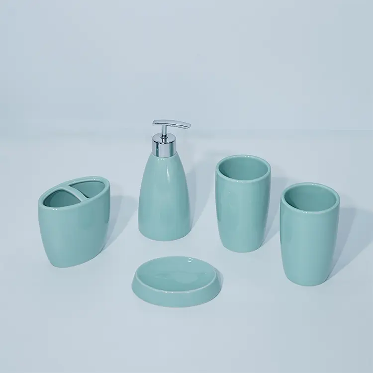 Wholesale Low Price Ceramic Home Decor 5 Pieces Shiny Pure Color Glazed Bathroom Accessories Set