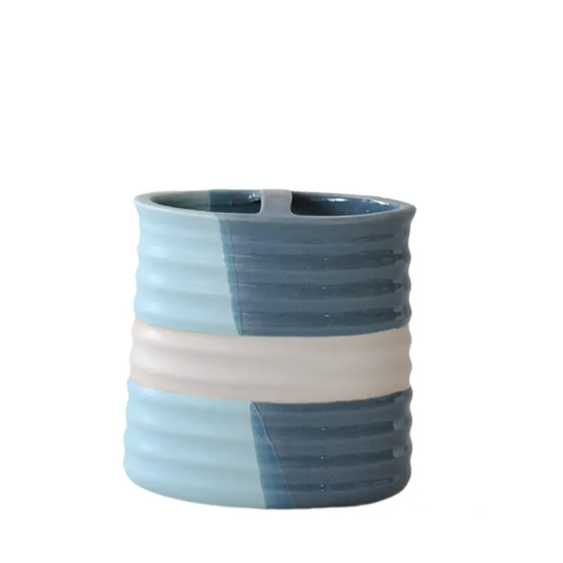 Custom Blue & White Color - Blocked Ribbed - Texture Stoneware Bathroom 5 - Piece Set Manufacturers, Companies