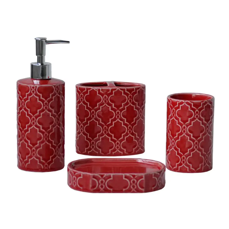 Buy Vintage Geometric - Embossed Red Ceramic Bathroom Accessory Set Manufacturers, Factories