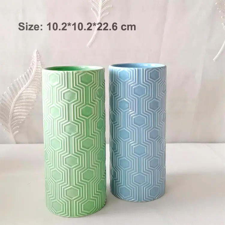 Blue & Green Hexagonal Embossed Ceramic Vase Set