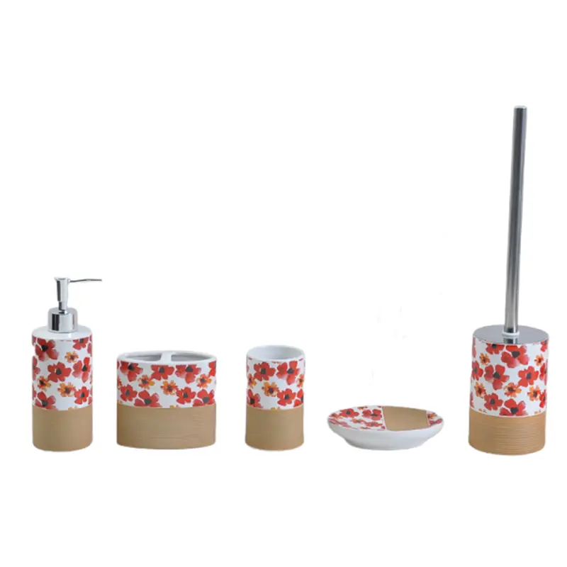 Wholesale Vintage Red Floral & Beige Ribbed Ceramic Bathroom Accessory Set Factory, Exporters
