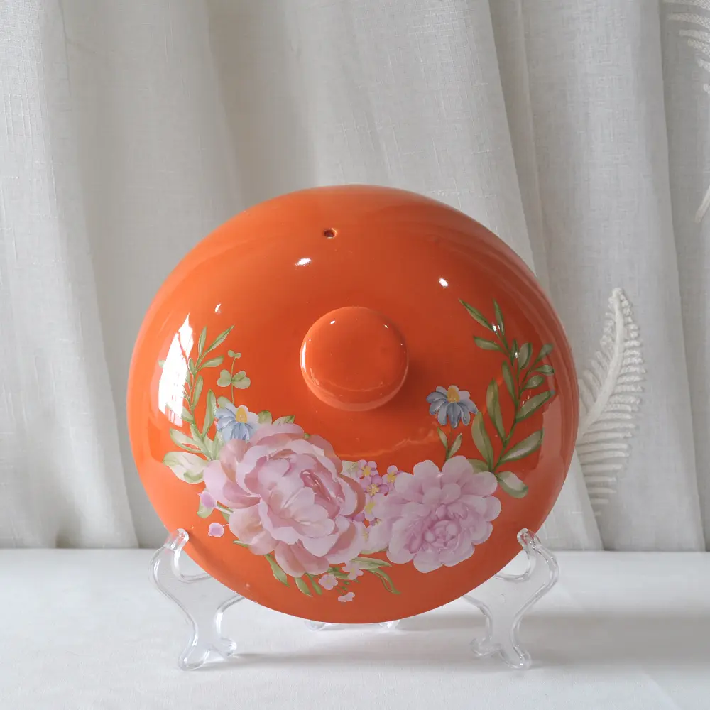 Discount Hand-Painted Pink Floral Orange-Lid Black Ceramic Casserole Companies, Products
