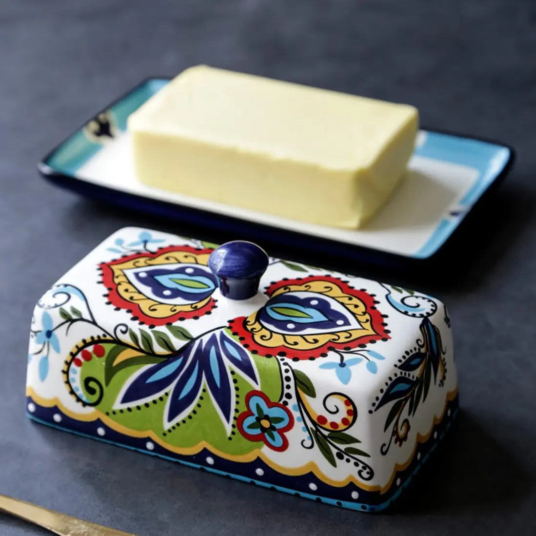 Custom Bohemian Hand-Painted Floral Ceramic Butter Dish Set Supplier, Company