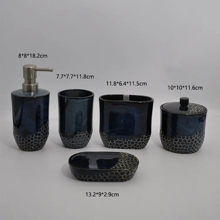 Deep Sea Blue Honeycomb Pattern Ceramic Bathroom 5-Piece Set