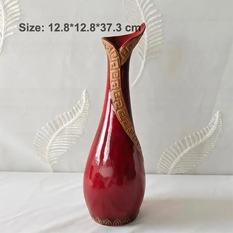 Vintage Greek Key Relief Wine Red Glossy Ceramic Vase