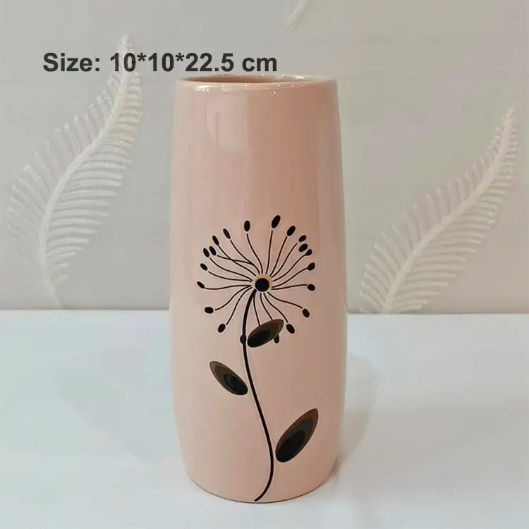Pink Glaze Black Hand-Painted Dandelion Ceramic Vase
