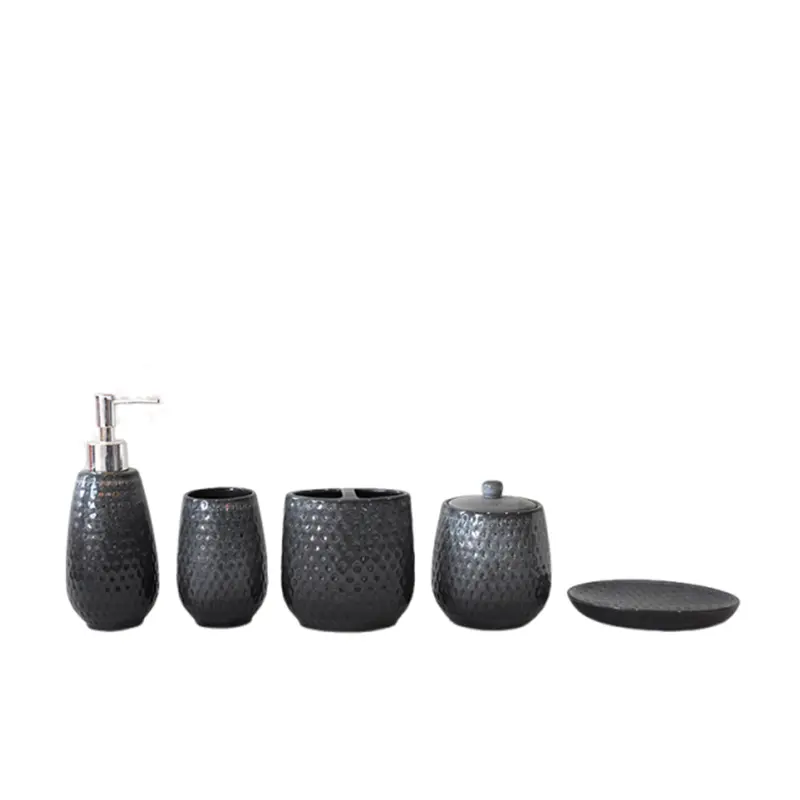 jiashun Matte Black Hammered - Texture Ceramic Bathroom 5 - Piece Set Exporter, Product