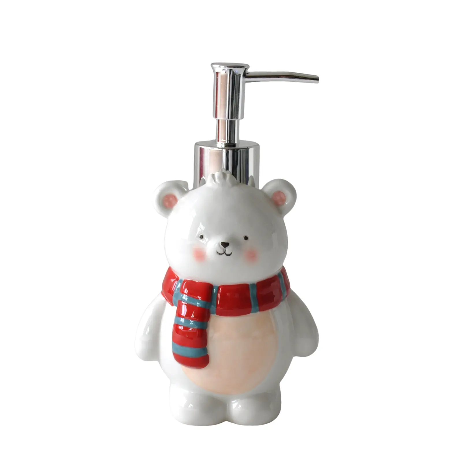 Cheap Cute Bear Ceramic Lotion Dispenser with Red Gray Striped Scarf Suppliers, Company