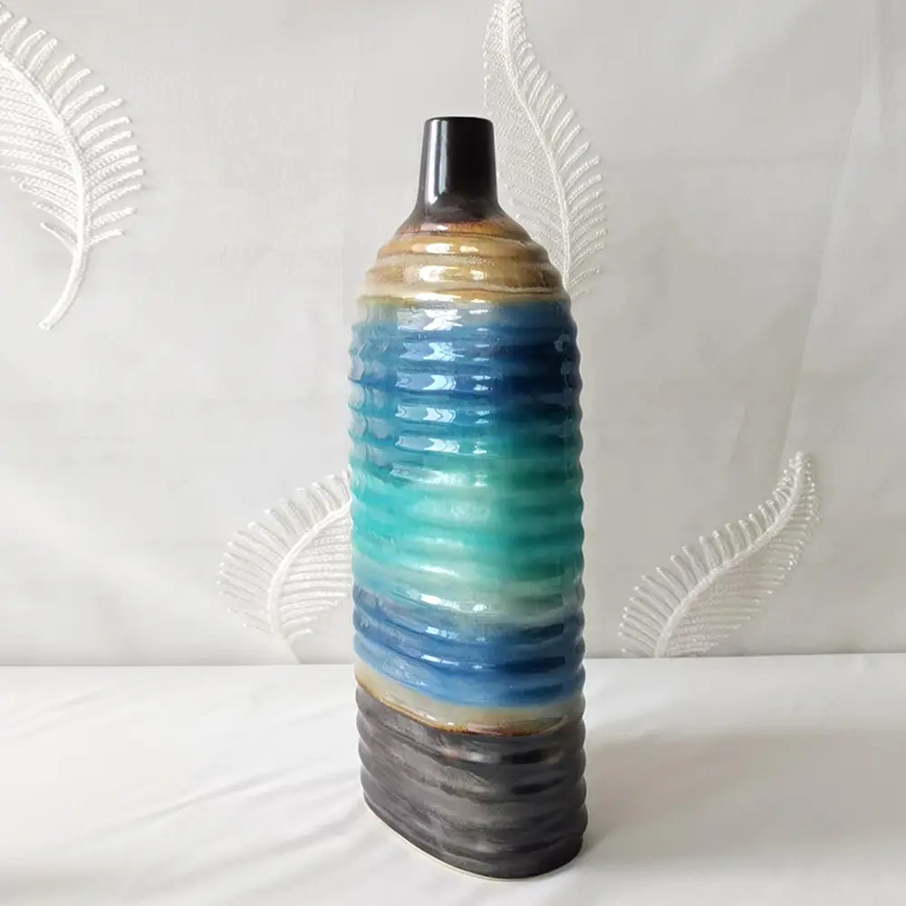 Cheap Blue Green Gradient Vertical Striped Ceramic Floor Vase Factories, Exporter