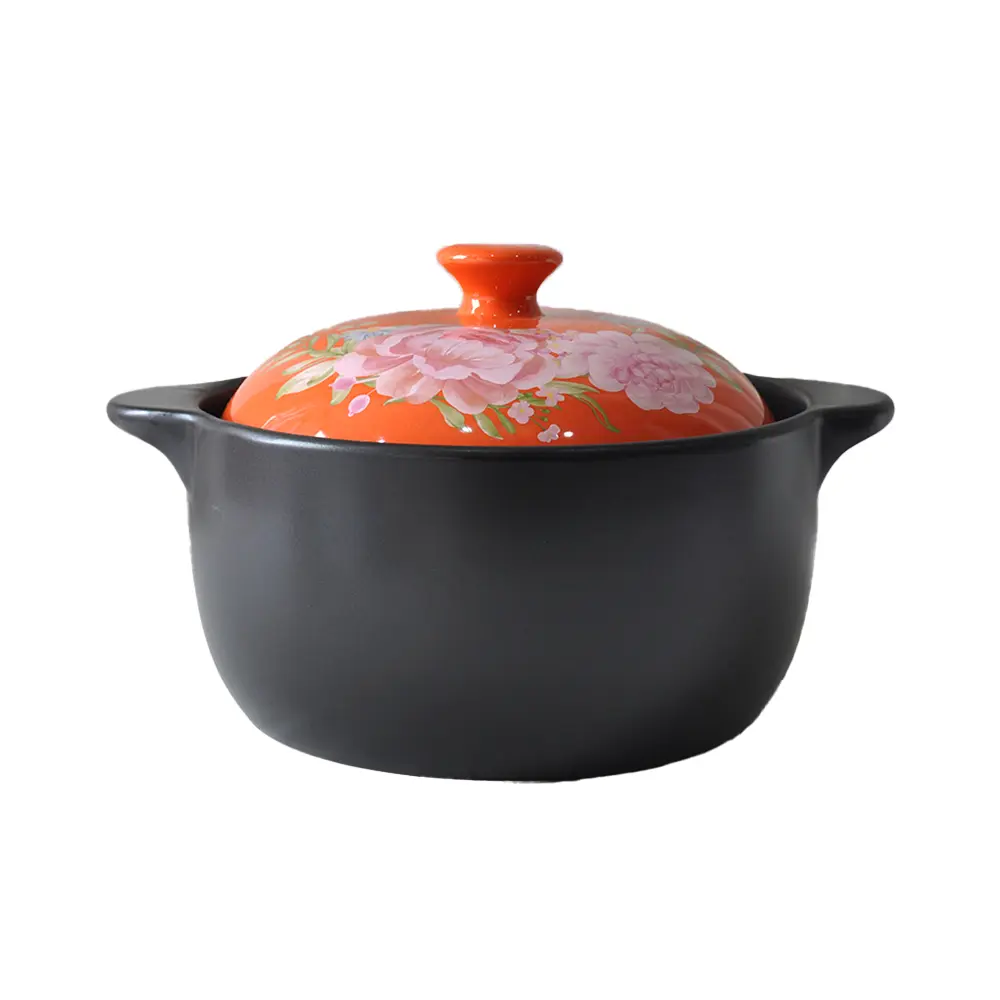 Discount Hand-Painted Pink Floral Orange-Lid Black Ceramic Casserole Companies, Products