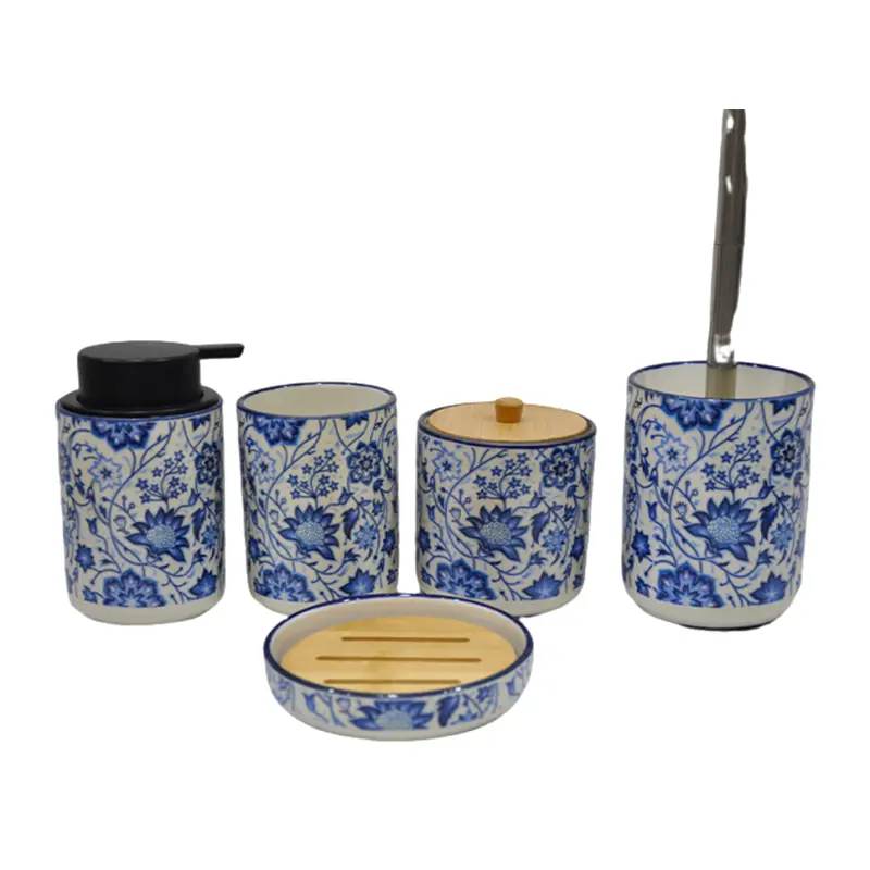 China Blue - White Floral Decaled Glossy Glazed Stoneware Bathroom 5 - Piece Set Manufacturers, Supplier