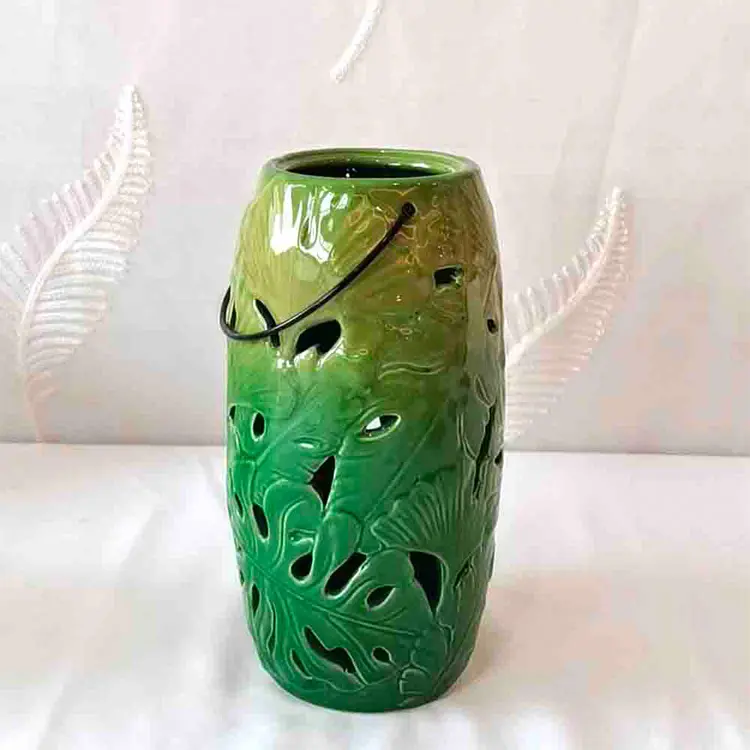 Discount Set of 2 Tropical Leaf - Embossed Hollow - Out Green Ceramic Vases | Decorative Lantern Accents Suppliers, Exporters
