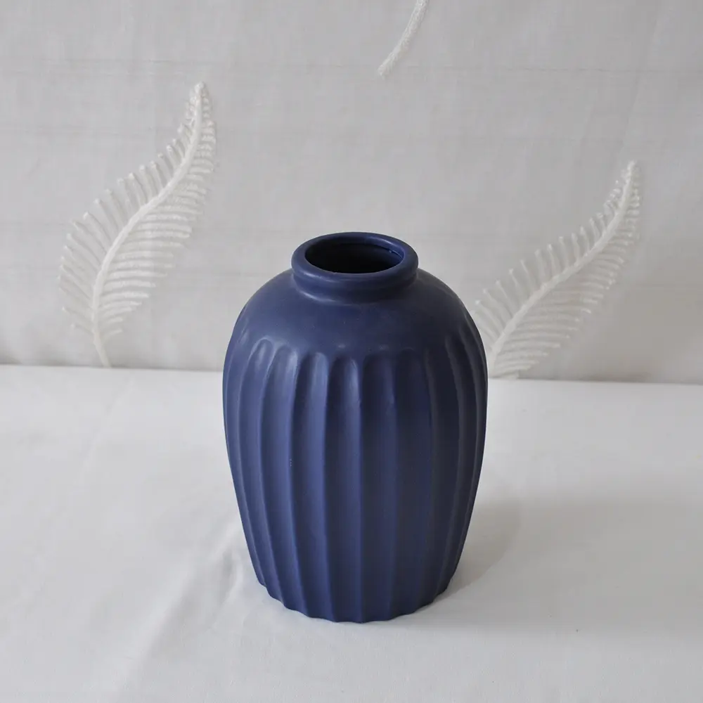 Wholesale Modern Minimalist Deep Sea Blue Matte Ribbed Ceramic Vase Set Factory, Exporters