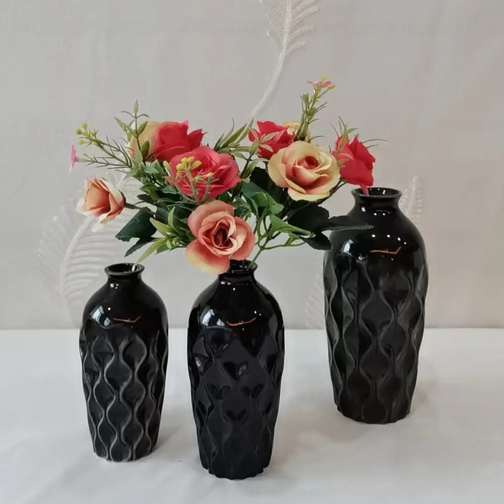 Buy Modern Minimalist Black Wave Relief Ceramic Vase Set Supplier, Product