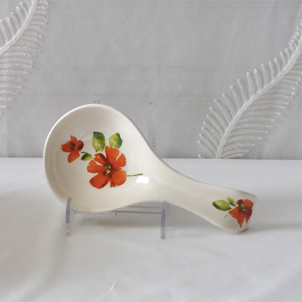 Cheap Watercolor-Style Red Floral Ceramic Soup Bowl and Spoon Rest Set Suppliers, Products