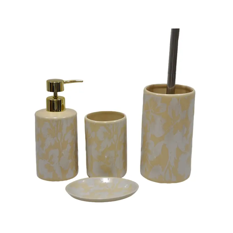 ODM Creamy Yellow Matte Glazed Decaled Floral Stoneware Bathroom 4 - Piece Set Factory, Companies