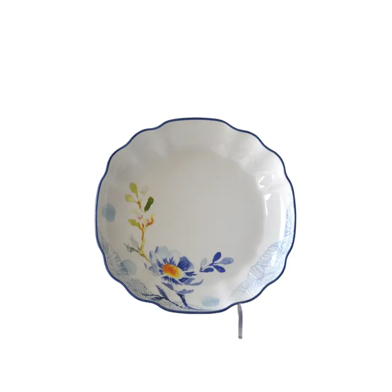 jiashun Watercolor Style Blue Rimmed Scalloped Edge Floral Ceramic Dinner Plate Manufacturer, Exporters