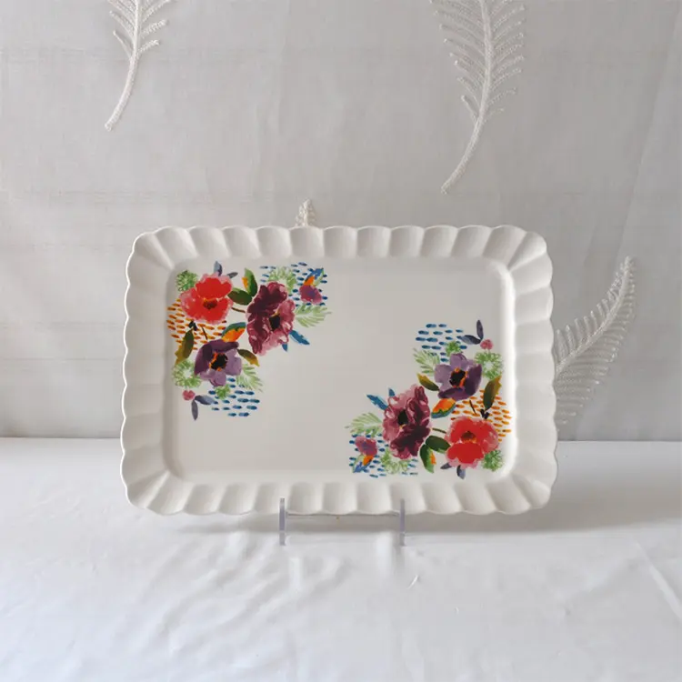 Custom Hand - Painted Multicolored Floral Ceramic Rectangular Scalloped - Edge Tray Exporters, Companies