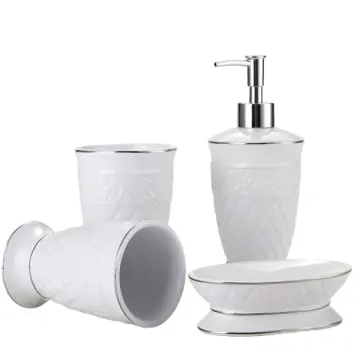 Luxury White Ceramic Bathroom Accessory Set 4 Pieces Silver Trim Embossed