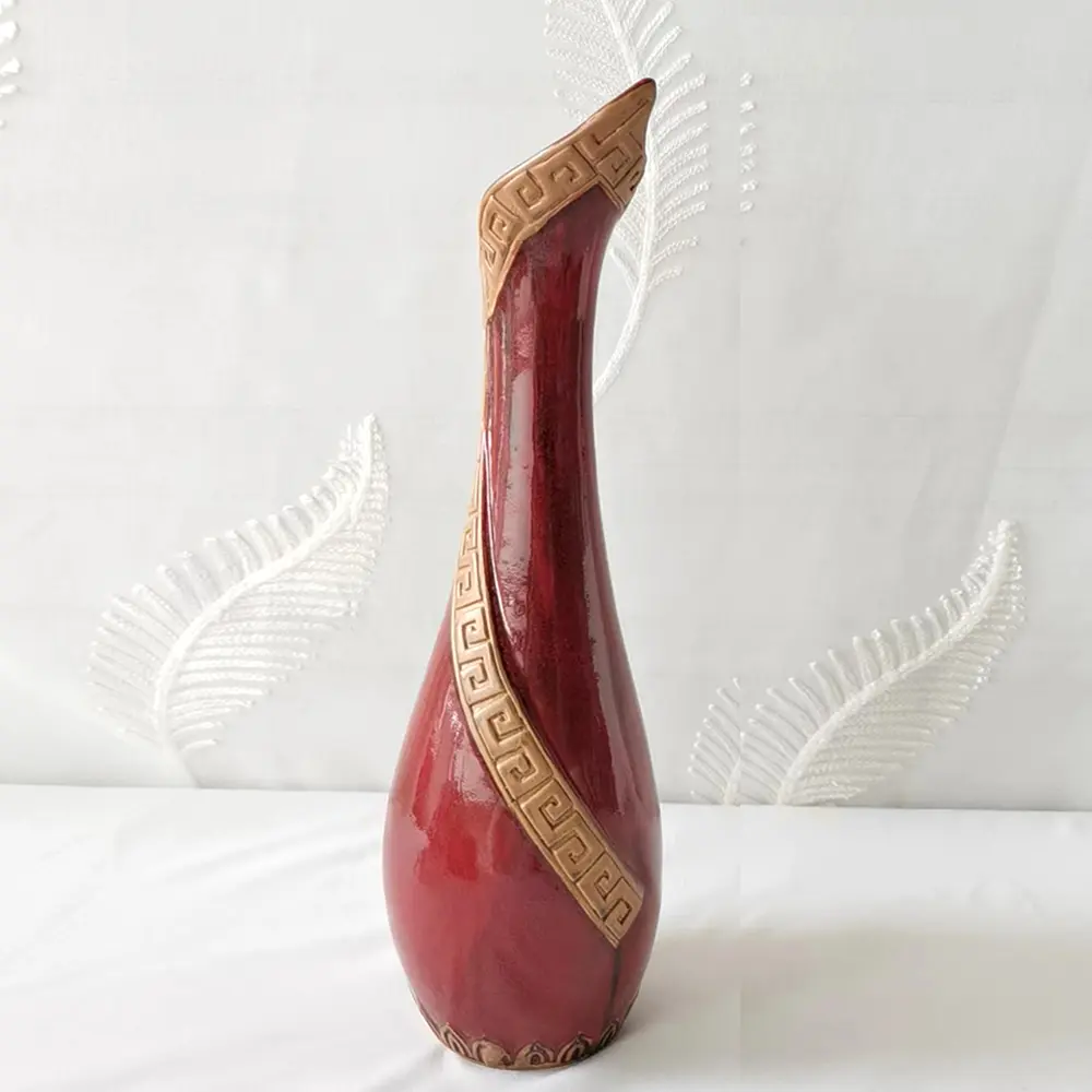 Custom Vintage Greek Key Relief Wine Red Glossy Ceramic Vase Manufacturer, Products