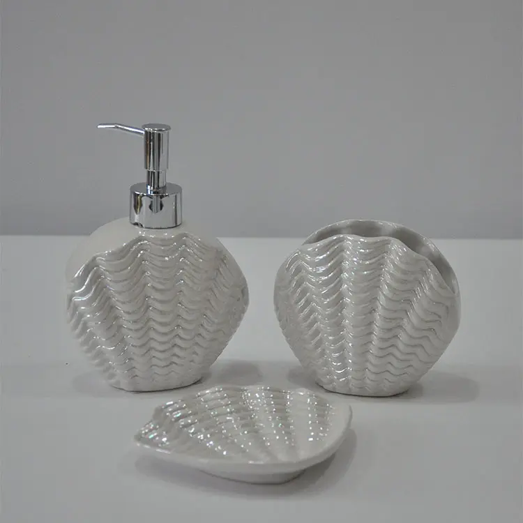 Cheap Bathroom Accessory Set 3 Pieces for Home Bathroom Hotel Ceramic Bath Set White Seashell Factory, Exporter
