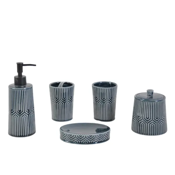 Cheap Artistic Geometric Embossed Navy Blue Ceramic Bathroom Accessory Set Exporter, Exporters