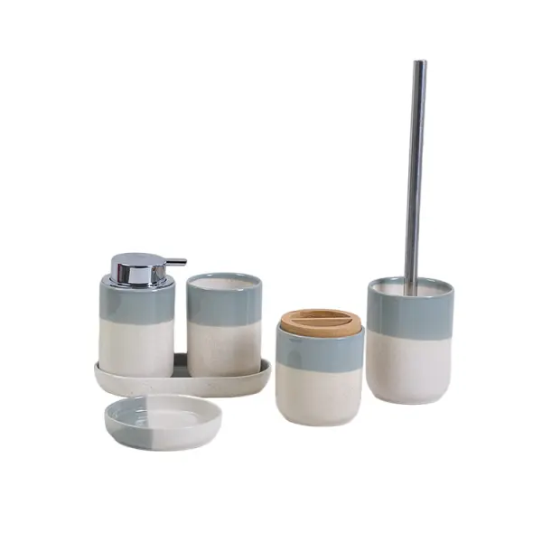 Buy Teal & White Geometric - Patterned Stoneware Bathroom 7 - Piece Set Supplier, Factory