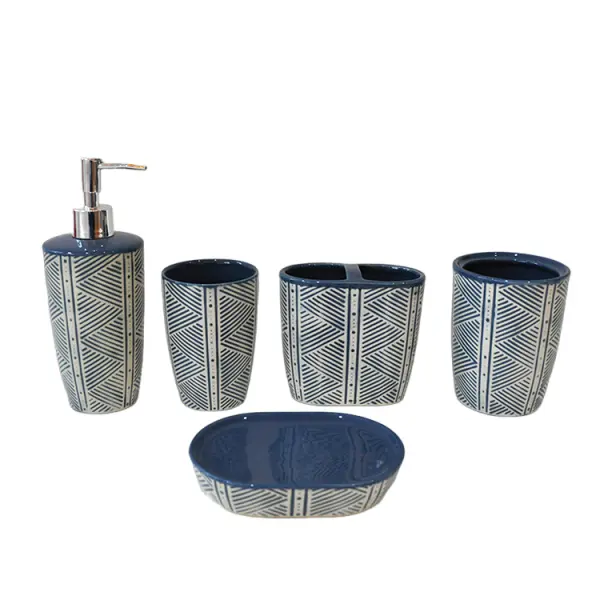 Wholesale Blue & White Geometric - Patterned Ceramic Bathroom 5 - Piece Set Company, Companies