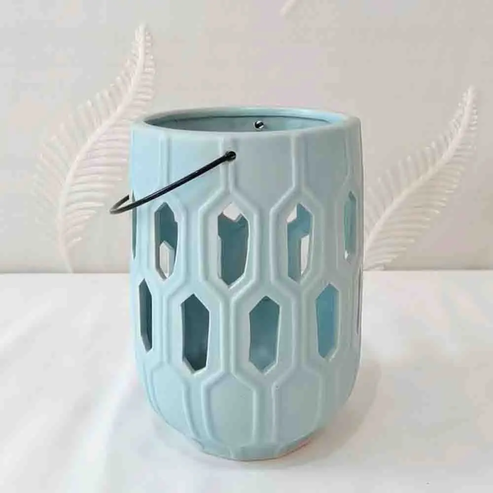 Wholesale Modern Light Blue Hexagonal Cutout Ceramic Lantern Set Manufacturer, Exporters