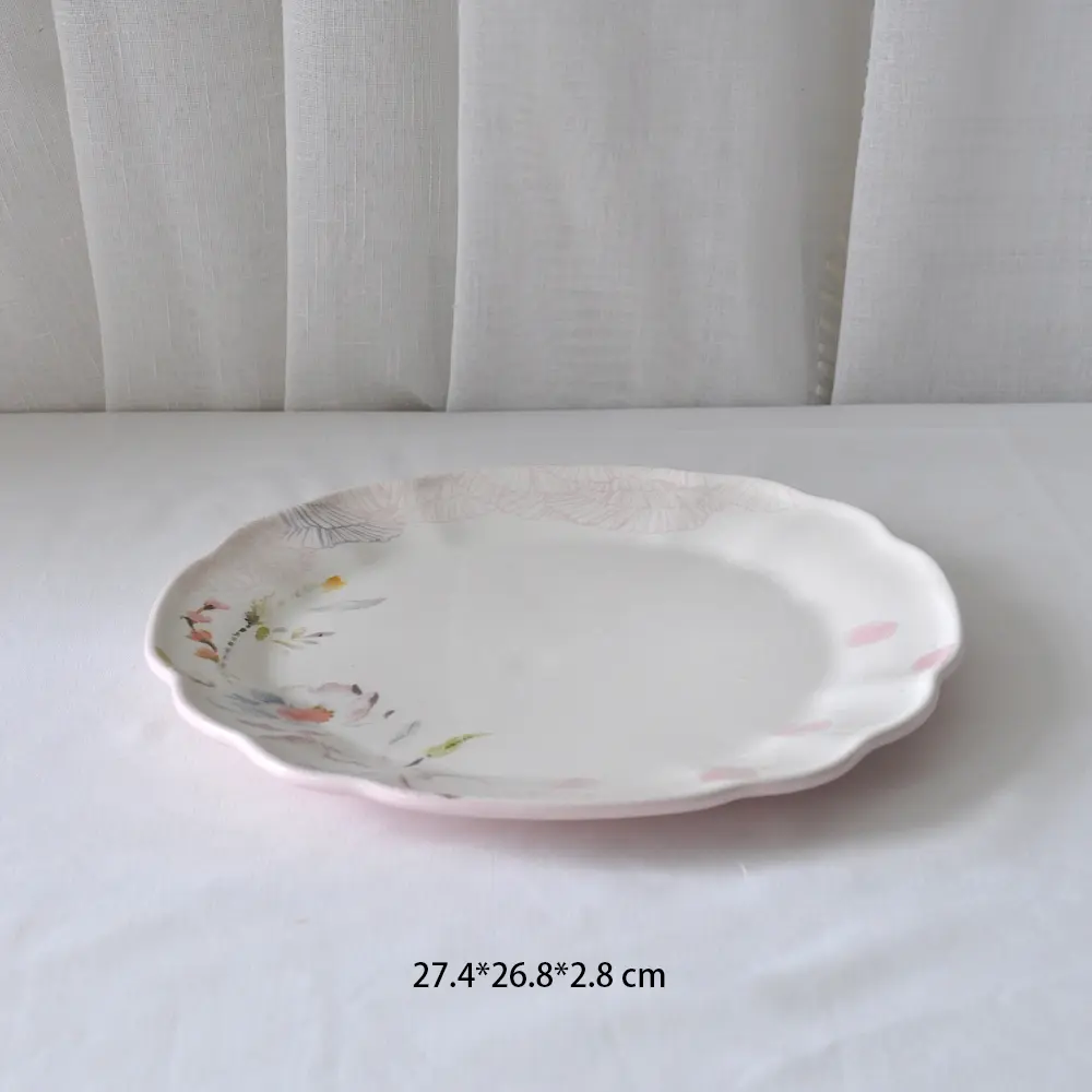 Pink Floral Ceramic Dinner Plate Scalloped Edge Table Display