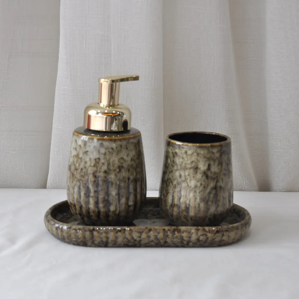 jiashun Wabi-Sabi Dark Brown Kiln-Changed Vertical Striped Stoneware Bathroom Accessory Set Factory, Company