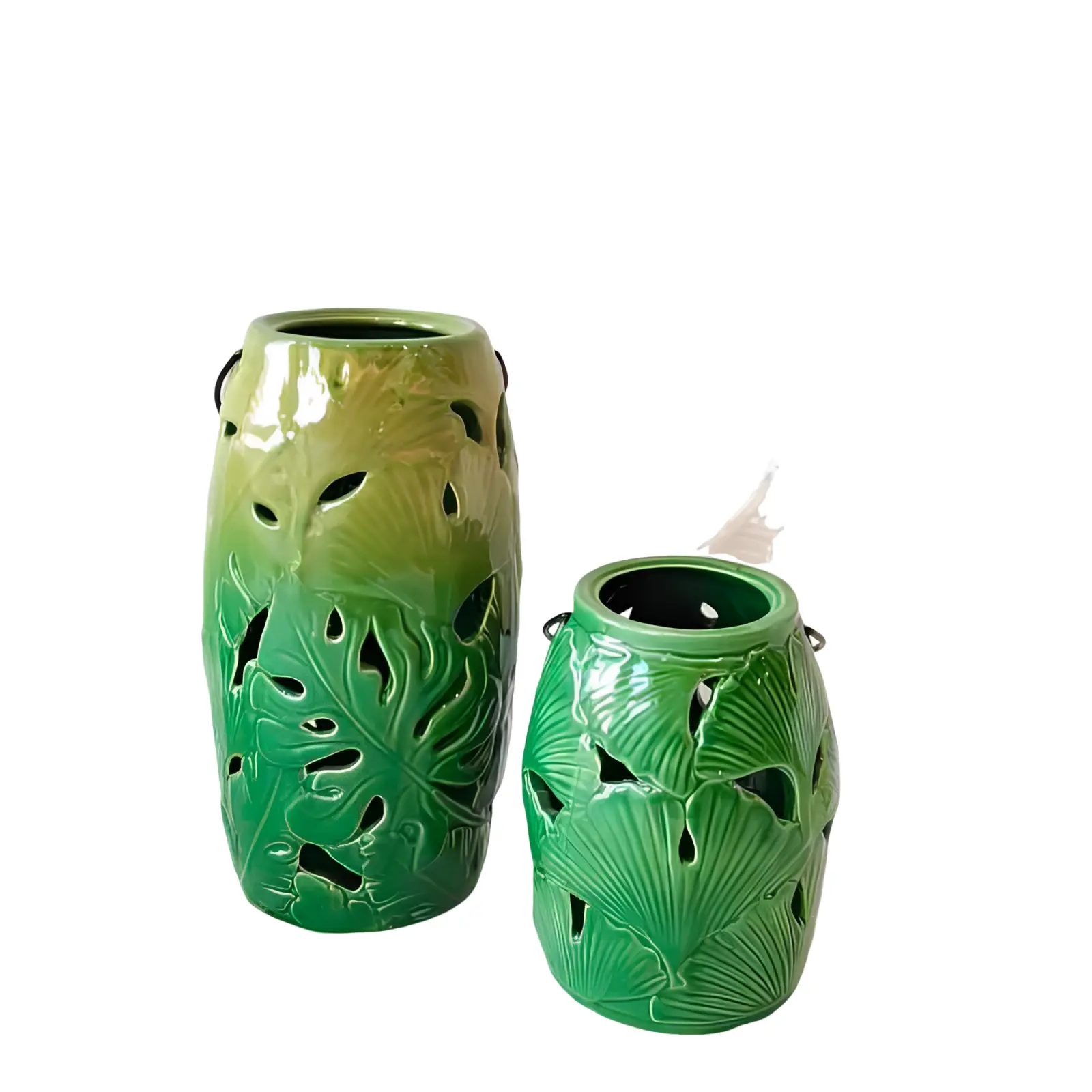 Discount Artistic Gradient Green Tropical Leaf Embossed Cutout Ceramic Candle Holder with Handles Factories, Companies