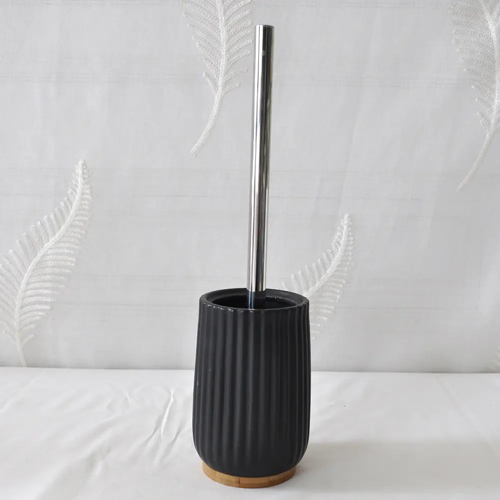 Buy Matte Black Ribbed Ceramic Bathroom 5-Piece Set with Wood Base Manufacturers, Exporter