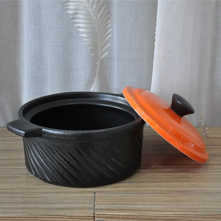 Custom Orange Black Contrast Diagonal Texture Ceramic Casserole with Lid Exporters, Company