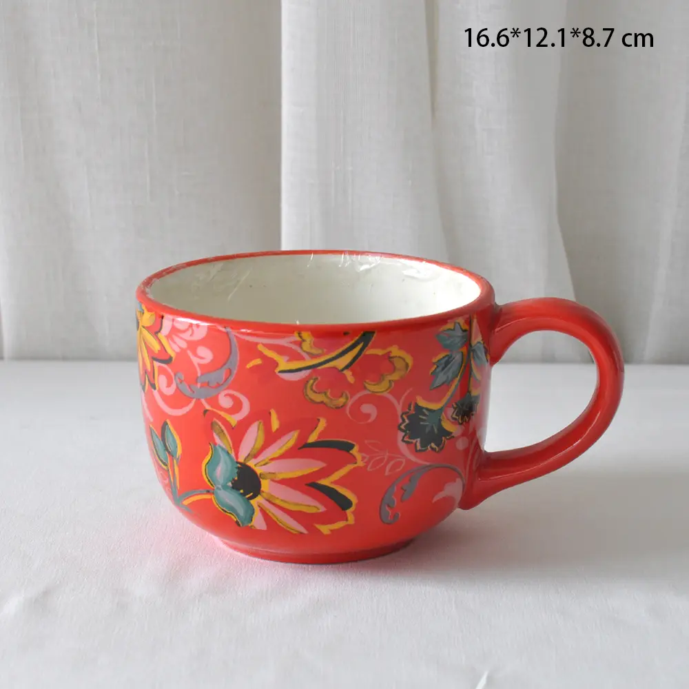 Vibrant Red Hand-Painted Colorful Floral Ceramic Mug