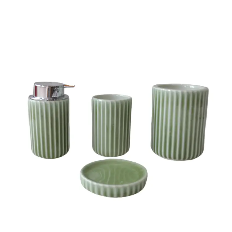Wholesale Light Green Vertical Striped Stoneware Bathroom Accessory Set Factory, Companies