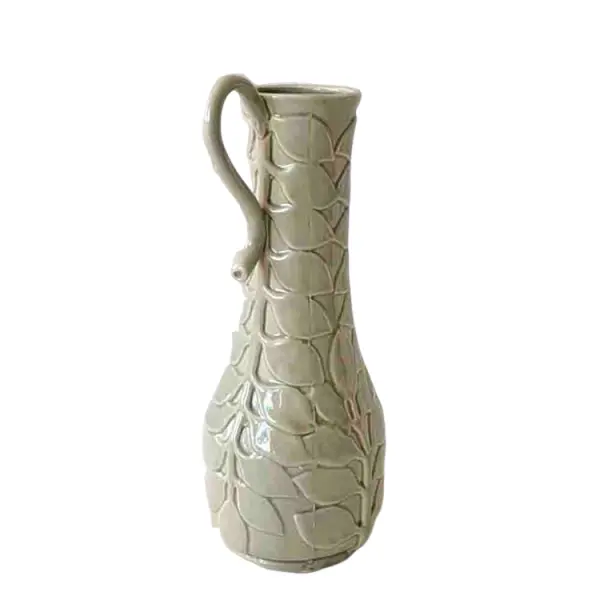 Discount Light Gray - Green Embossed Leaf - Patterned Ceramic Vase Factory, Product