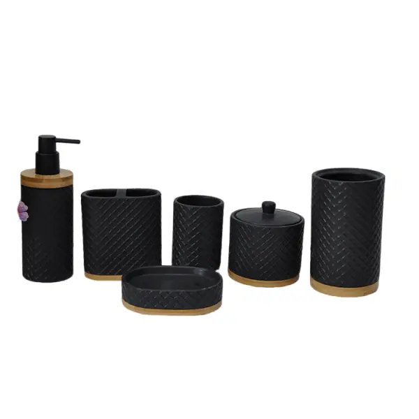 Discount Matte Black Ceramic Bathroom 6-Piece Set with Woven Texture & Wood Base Manufacturer, Company