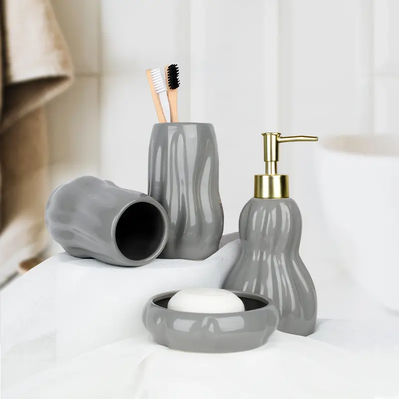 Cheap Light Gray Wavy-Textured Ceramic Bathroom 4-Piece Set Exporter, Products