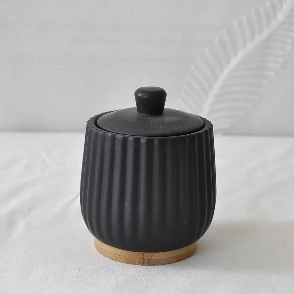 Buy Matte Black Ribbed Ceramic Bathroom 5-Piece Set with Wood Base Manufacturers, Exporter