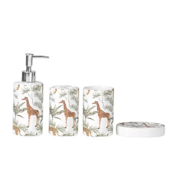 Wholesale Tropical Giraffe & Plant Print Ceramic Bathroom Accessory Set Manufacturers, Supplier