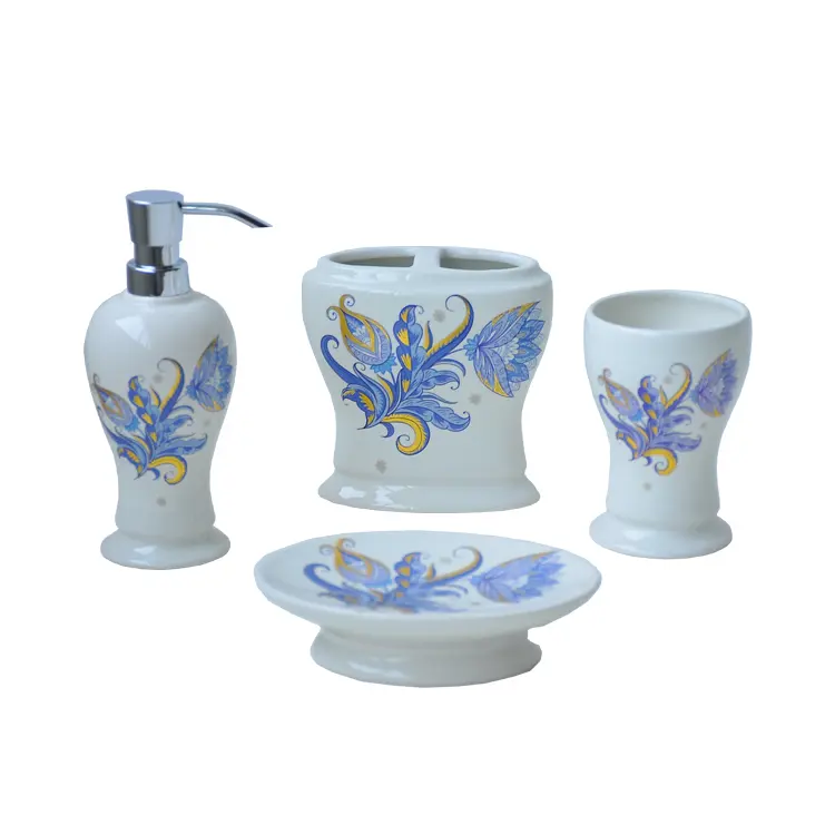Wholesale Vintage Blue - Yellow Floral - Patterned Ceramic Bathroom Accessory Set Factories, Companies