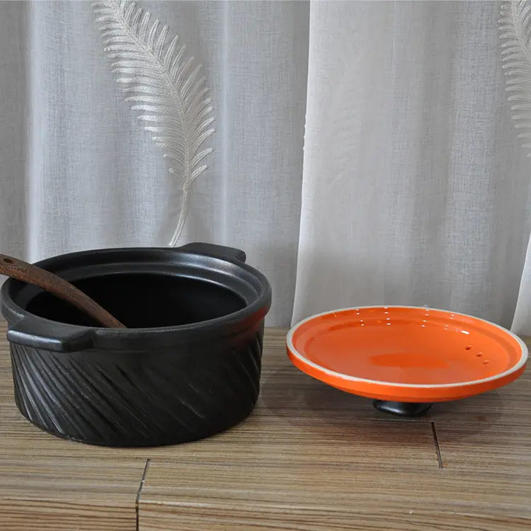 Custom Orange Black Contrast Diagonal Texture Ceramic Casserole with Lid Exporters, Company