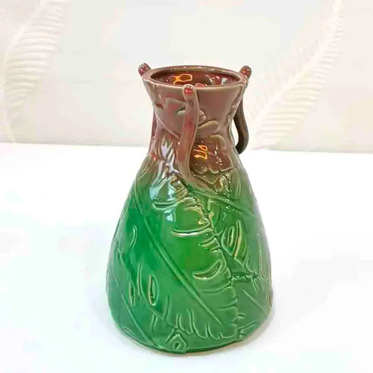 Buy Dual - Handled Tropical Leaf - Embossed Gradient Green & Brown Ceramic Vase | Artistic Home Decor Supplier, Exporter