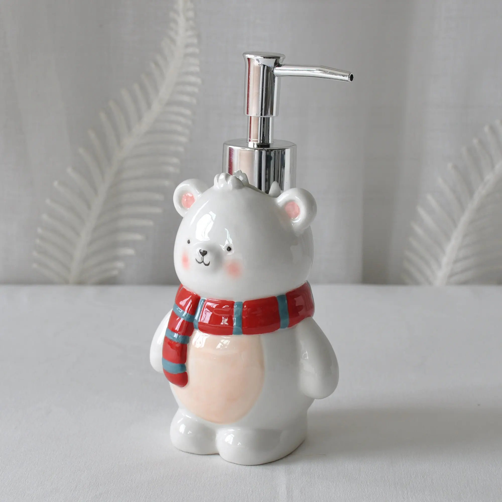 Cheap Cute Bear Ceramic Lotion Dispenser with Red Gray Striped Scarf Suppliers, Company